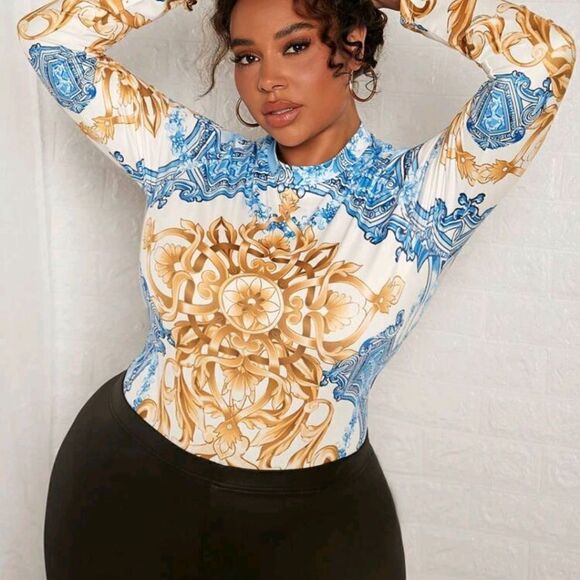 Blue and Gold Patterned Bodysuit 2X - Picture 5 of 6